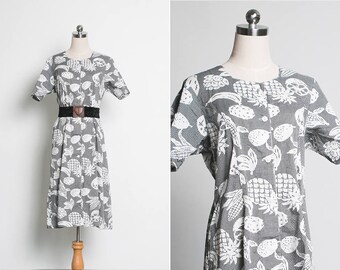 Japanese Vintage Black Dress / Pineapple Print Dress / 1980s Maxi Dress / Gingham Dress / Button Dress / Fruit print Dress / Size M L