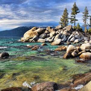 Sand Harbor, Lake Tahoe, Nevada, California, Mountains, Lake, Trees, Rocks, Dark Clouds, Clear Water