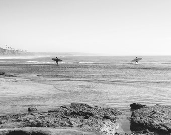 Parting Waves, Surfers, Ocean, Cliffs, Beach, Low Tide, Black and White, Cardiff by the Sea, Encinitas, San Diego, California