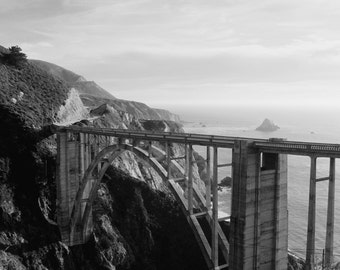 Black and White Bixby Bridge, Big Sur, California Mountains, Pacific Ocean, Landscape, Central Coast, California