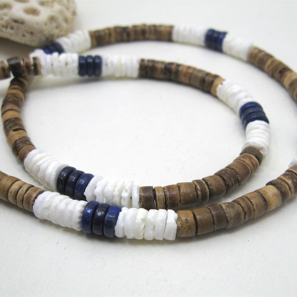 Mens necklace blue lapis lazuli, surf style blue lapis choker, little boys or unisex surfer design, hawaiian necklace white Puka shell