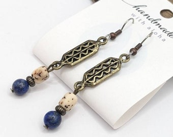 Blue Lapis Lazuli Earrings, Antiqued Brass Boho Style, ready to ship
