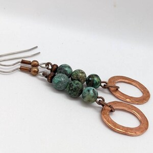 Turquoise earrings, copper textured earrings boho style on surgical stainless steel wires, gift for mom, sister