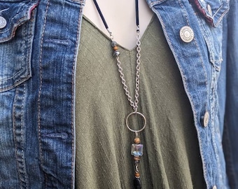 Women's Long boho necklace, in black labradorite and Crystal on leather and long silver chain, hippie chic bohemian