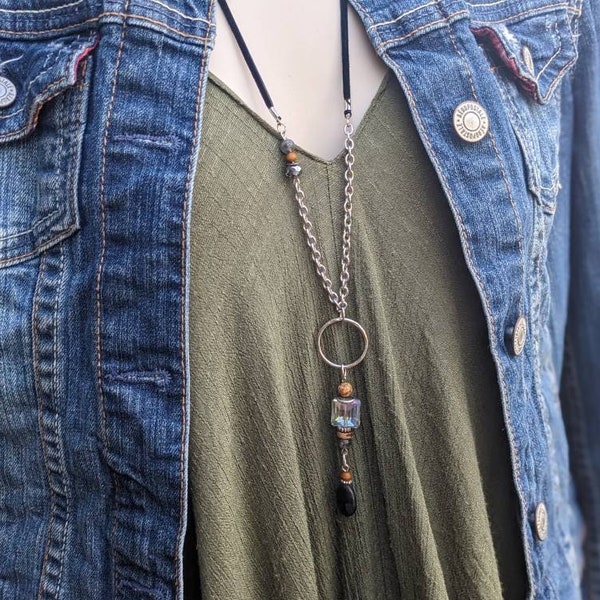 Women's Long boho necklace, in black labradorite and Crystal on leather and long silver chain, hippie chic bohemian