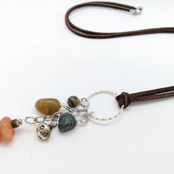 long boho necklace, boho style in fall colors, womens dark teal, orange agate, mustard color, extra long women's boho chic style LB65