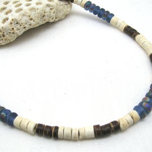 Mens blue surf necklace, boys necklace surf style, in white, brown coconut and blue art glass, JT Maui beach lover gift ready to ship