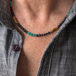 Beaded turquoise and lava necklace, unisex black diffuser tigers eye necklace, quality surf style jewelry in water safe 4mm size