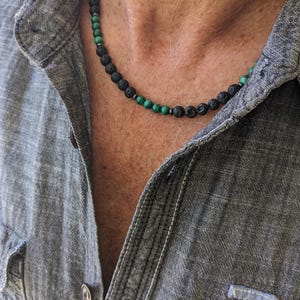 Genuine Malachite and lava beaded necklace: Unisex Green Stone choker