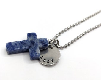 Personalized cross necklace, confirmation gift, gift for dad, gift for teen boys, blue stone cross, engraved name, initial or team number