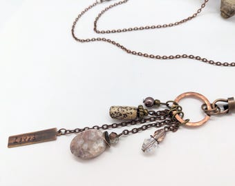long boho necklace, copper, gray and blush pink personalized necklace, extra long womens stone crystals in Bohemian style, gift for mom