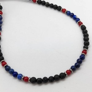 Boys blue and red beaded necklace, gender neutral necklace surfer style, calming mens necklace, lava choker, red coral and blue lapis lazuli