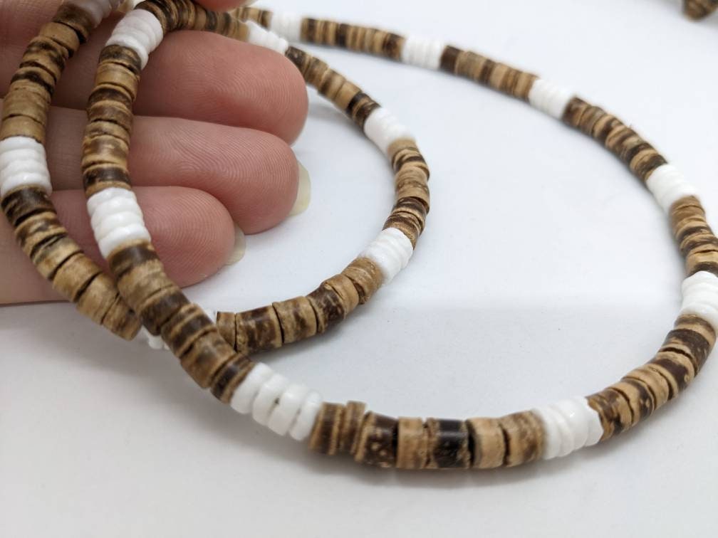 Collana Da Uomo Puka Shell In Legno Di Cocco - Perline Marroni E Nere Con Ciondoli Turchesi - Gioiello Spiaggia Surfista