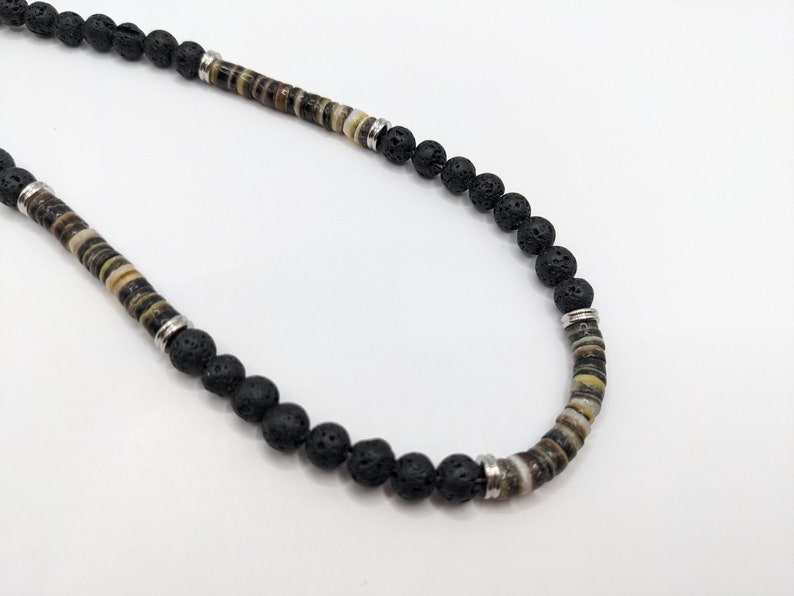 Mens necklace, surf style beaded men's necklace with black lip shell, waterproof design on quality wire image 5