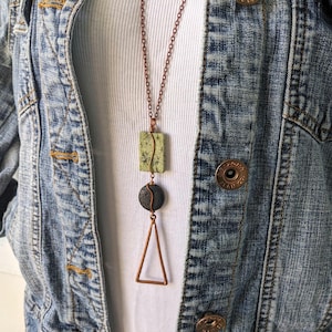 Long boho necklace, copper and green with long copper chain, black lava, custom lengths welcome