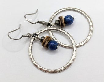 Silver boho earrings, dark blue Lapis lazuli in silver circle hoop, on silver stainless ear wires, silver circles, navy blue gemstone