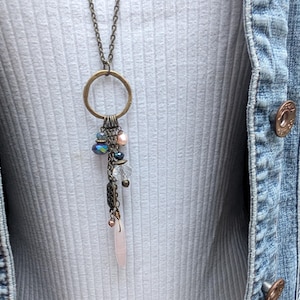 Long multi charm necklace, rose quartz light pink on long bronze chain, boho style, multi drops image 9