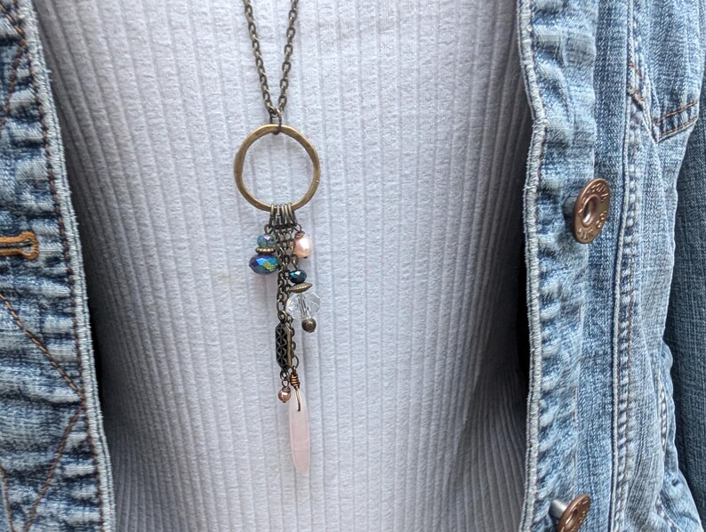 Long multi charm necklace, rose quartz light pink on long bronze chain, boho style, multi drops image 9