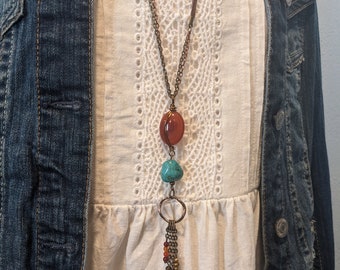 long collier bohème, turquoise, agates orange et cuivre, collier extra long en cuivre de style bohème bohème, style hippie LB60