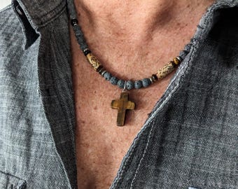 Men's cross necklace, mens tiger's eye necklace, natural darkening gray lava, tigers eye Stone