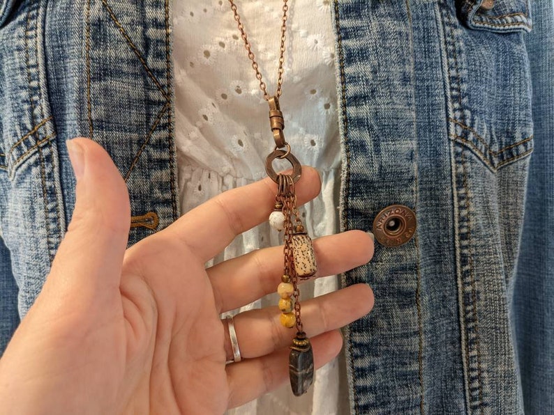 Long Boho Necklace Mustard and Gray Necklace Gold Agate - Etsy