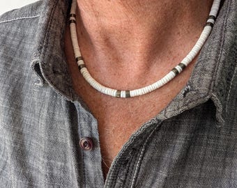 Puka shell surf necklace, pyrite in white surfer style choker, Maui style in 6mm white shell
