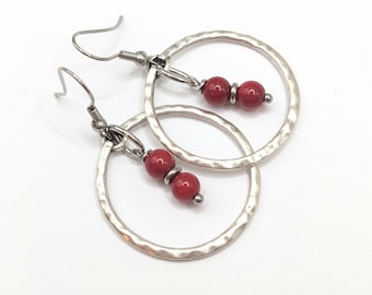 Silver boho earrings, red coral in silver circle hoop, on silver stainless ear wires, silver circles, red gemstone