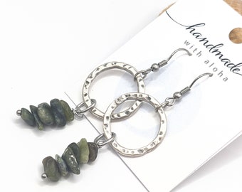 Green boho earrings, silver hoop earrings, with olive green stones on surgical stainless steel ear wires by JT