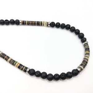 Mens necklace, surf style beaded men's necklace with black lip shell, waterproof design on quality wire image 1