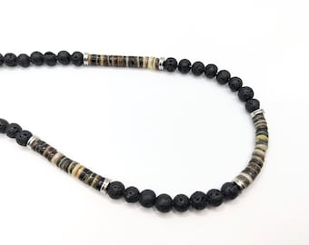 Mens necklace, surf style beaded men's necklace with black lip shell, waterproof design on quality wire