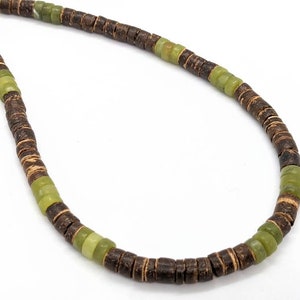 Mens necklace coconut and peridot color green jade, mens surf necklace, necklace for boys, August birthday gift for boys