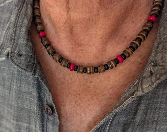 Mens necklace black and red, coconut surfer style jewelry, beaded with red beaded on durable stainless wire by JT Maui Designs