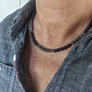 men&#39;s beaded necklace, black lava and gray labradorite choker, necklace for man, gift for husband, gift for boyfriend, guys diffuser lava