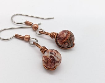 Rustic orange earrings in leopard Jasper and copper on surgical stainless steel ear wires, allergy safe earrings in mixed fall tones