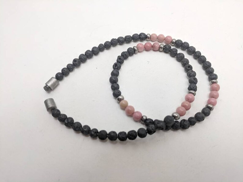 pink rhodonite necklace in black lava Girls diffuser bead necklace teens women black lava diffuser necklace for girls pink choker