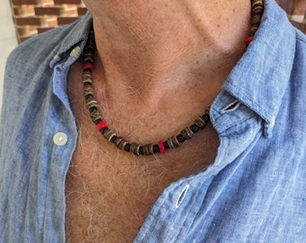Surf necklace for men in red coral, mens necklace black and red, coconut surfer style jewelry, by JT Maui Designs