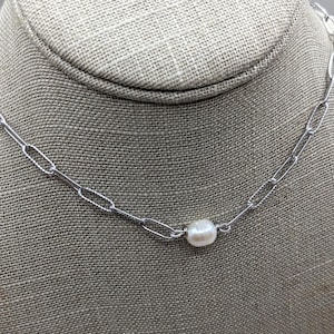pearl necklace: silver link chain, genuine freshwater pearl choker, paper clip style, adjustable
