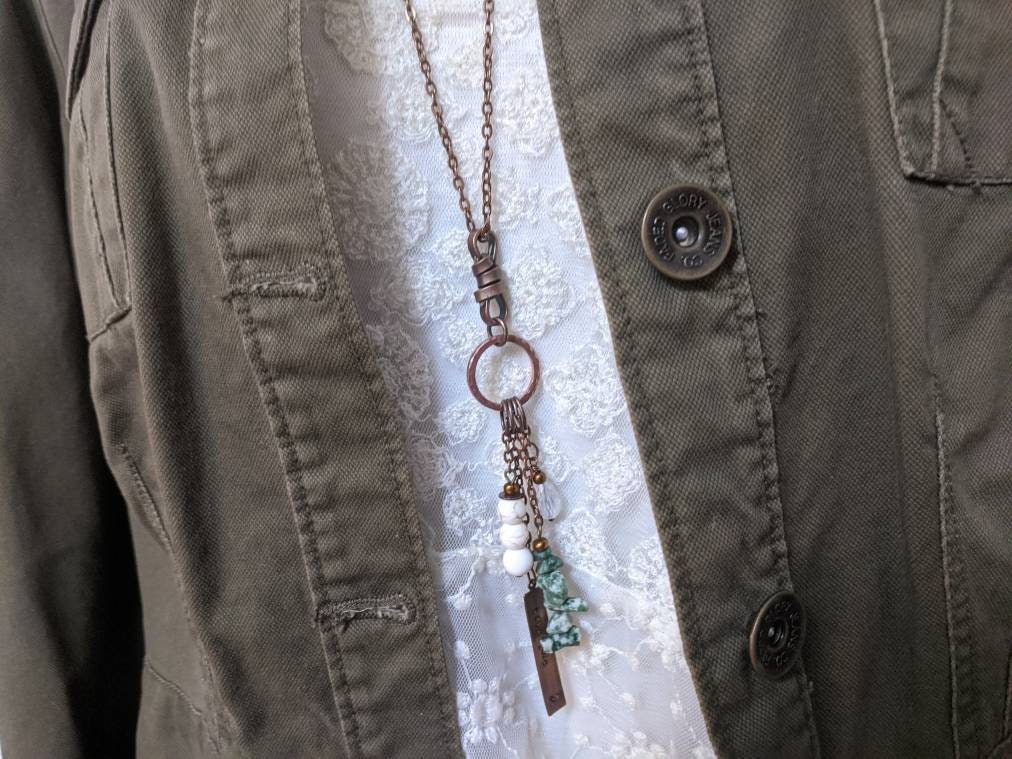 Long boho necklace, copper, green and white stone, engraved plate included, womens Long necklace in multi drop layered boho look