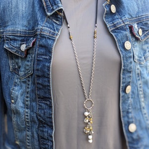 Women&#39;s long boho necklace, silver cross, crystal boho beads, howlite one of a kind long womens Bohemian style hippie pendant, suede back