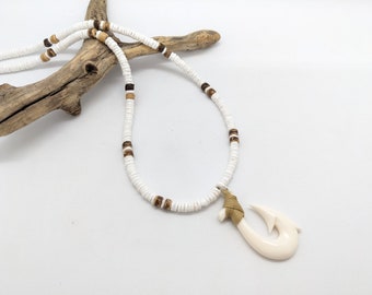 Mens Hawaiian fish hook necklace, white shell, makau necklace for man, surfer style, maui style bone hook on puka