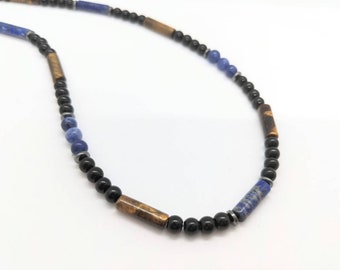 Collier pour garçon, composé de pierres de tourmaline noire, de sodalite bleue, d'oeil de tigre, de lapis et d'hématite, cadeau pour adolescents, non sexiste