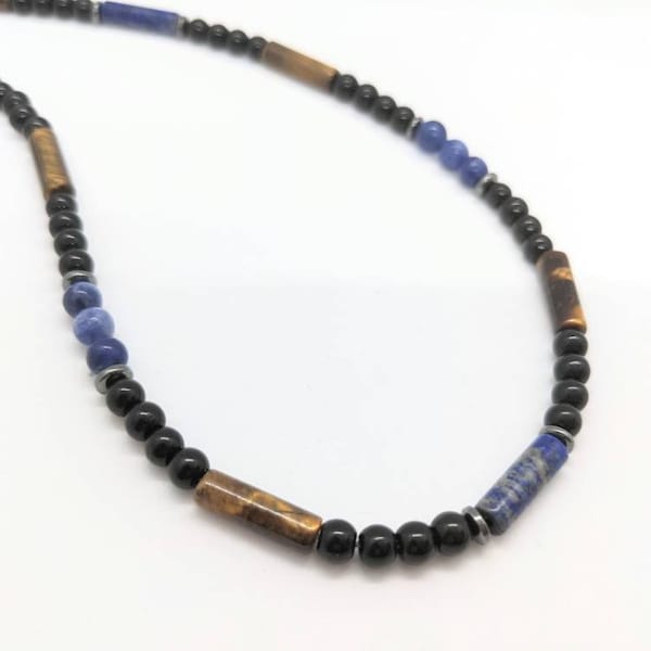 Boys necklace, include stones black Tourmaline, blue sodalite, tigers eye, lapis and hematite, gift for teens, gender neutral