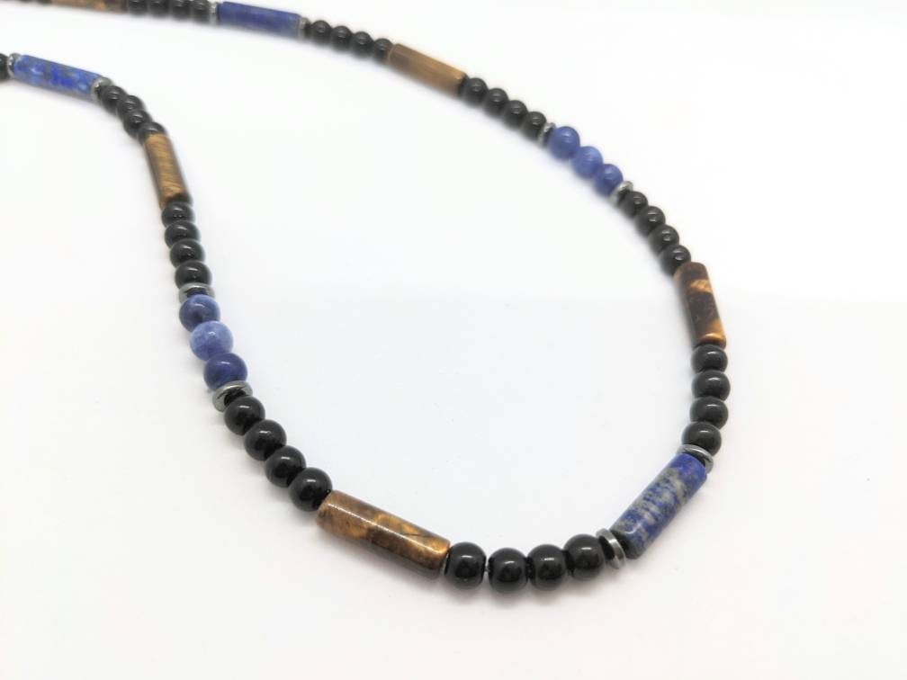 Boys necklace, include stones black Tourmaline, blue sodalite, tigers eye, lapis and hematite, gift for teens, gender neutral