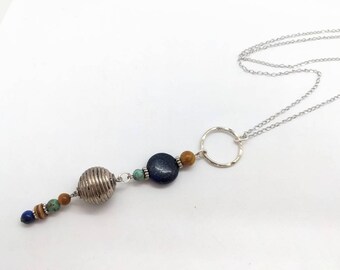 Women's Long boho necklace, in blue lapis lazuli, mustard agate and African turquoise, on long silver adjustable chain, hippie chic bohemian