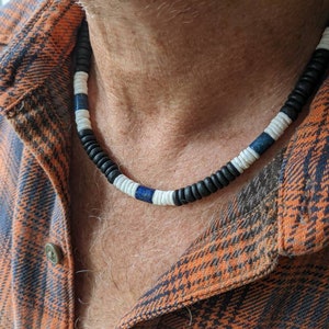 Mens surf necklace, blue lapis surf necklace, large mens choker, blue lapis and coconut Hawaiian necklace 8mm extra wide
