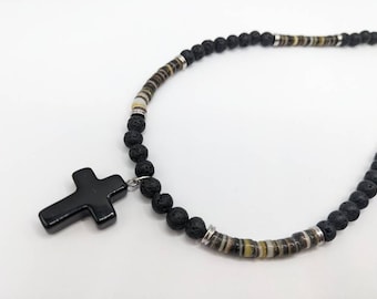 mens cross necklace, beaded necklace with black stone cross in uncoated black lava and shell, quality gift for dad, gift for husband 58a