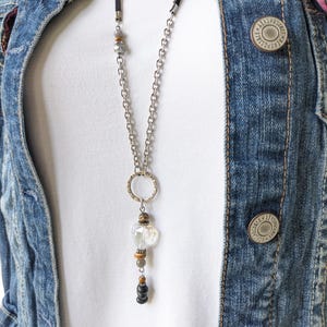 Women's Long boho necklace, in black labradorite and Crystal on leather, long silver chain, hippie chic bohemian, custom length by request