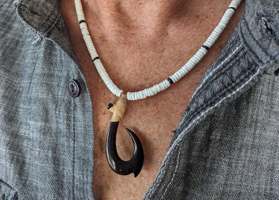 Mens Hawaiian Fish Hook Necklace, White Puka Shell, Makau Necklace