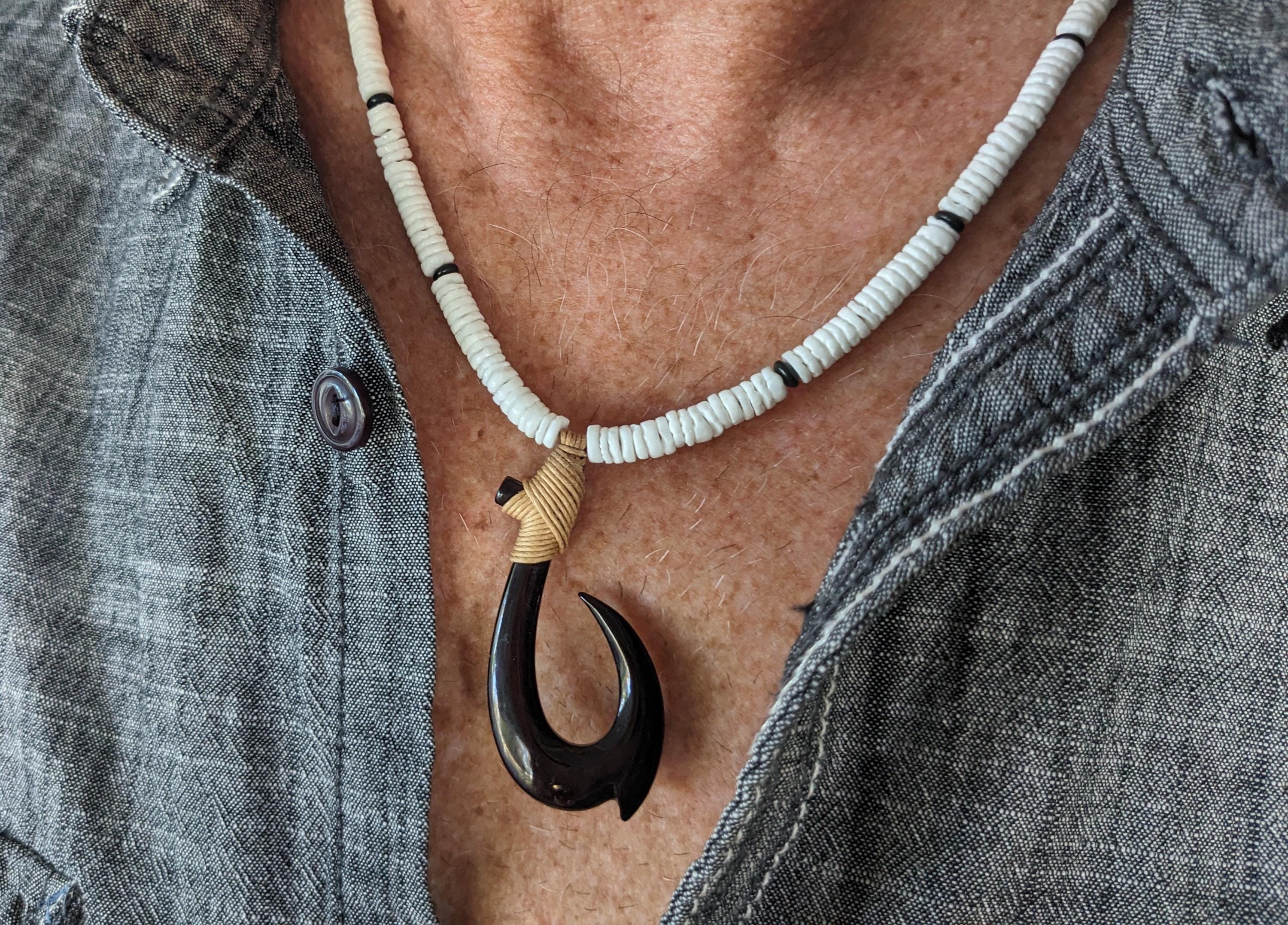 Mens Hawaiian Fish Hook Necklace, White Puka Shell, Makau Necklace