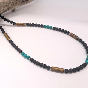Boys turquoise and lava necklace, beaded necklace, unisex diffuser necklace, parent and youth, quality beachy choker 4mm